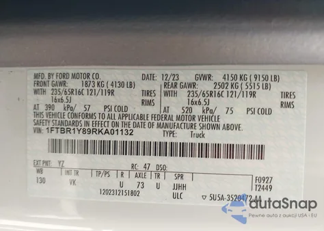 2024 Ford Transit-250 from USA, damaged, VIN 1FTBR1Y89RKA01132